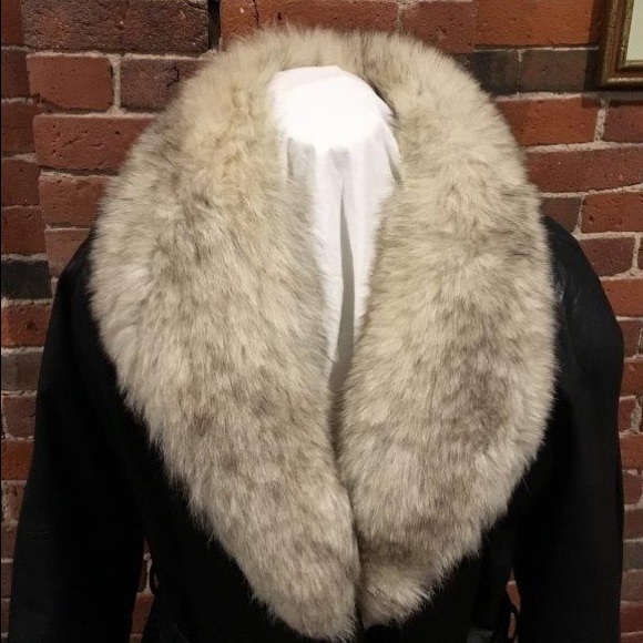 Vintage Black Leather Fur Collar Long Coat - Picture 3 of 6